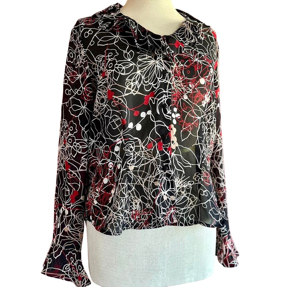 Vintage Long Sleeve Shirt Medium Red Black Sheer Flowy Business Casual Indie